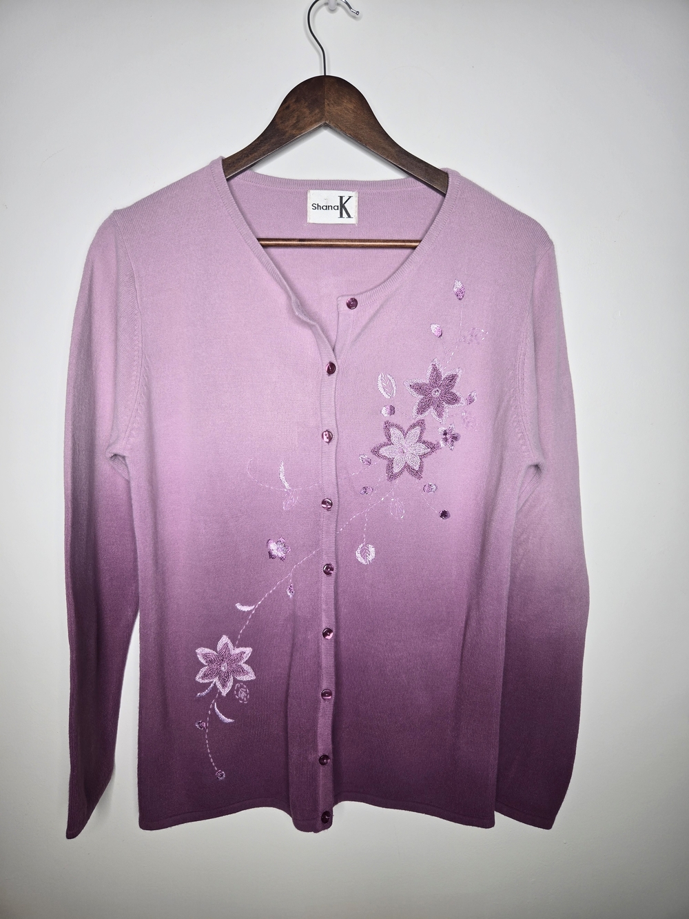 Shana K Ombre Gradient Floral Embroidered Beaded Cardigan Sweater Purple Pink M